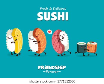 Vintage Sushi poster design with vector sushi character.