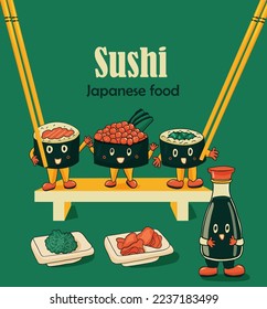 Diseño de afiche de sushi vintage con carácter de sushi vectorial. Comida de Groovy 