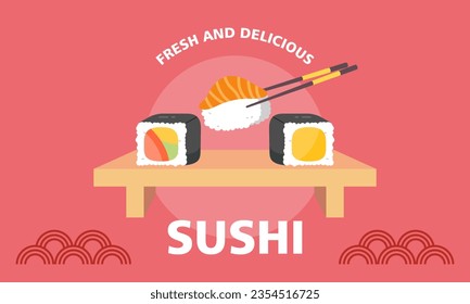 Vintage-Sushi-Plakatdesign mit VektorSushicharakter
