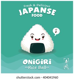 Vintage Sushi poster design with vector sushi character. Onigiri means filled with rice ball. Chinese word means sushi.