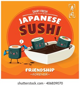 Vintage Sushi poster design with vector sushi character. Chinese word means sushi.