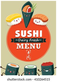 Vintage Sushi poster design with vector sushi character. Chinese word means sushi.