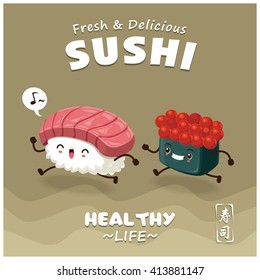 Vintage Sushi poster design with vector sushi character. Chinese word means sushi.