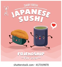 Vintage Sushi poster design with vector sushi character. Chinese word means sushi.