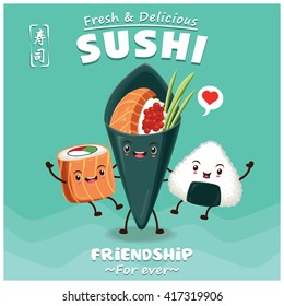 Design de pôster de sushi vintage com personagem de sushi vetorial. Palavra chinesa significa sushi.