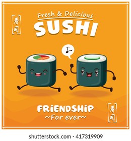 Vintage Sushi poster design with vector sushi character. Chinese word means sushi.