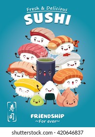 Vintage Sushi poster design with vector sushi character. Chinese word means sushi.