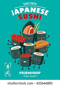 Vintage Sushi poster design with vector sushi character. Chinese word means sushi.