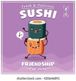 Vintage Sushi poster design with vector sushi character. Chinese word means sushi.