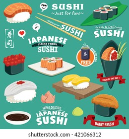 Vintage Sushi poster design with vector sushi. Chinese word means sushi, green tea.