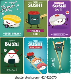 Vintage Sushi poster design with vector sushi character. Chinese word means sushi.