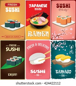 Vintage Sushi poster design with vector sushi, ramen. Chinese word means sushi, green tea.