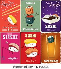 Vintage Sushi poster design with vector sushi character. Chinese word means sushi.