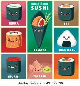 Vintage Sushi poster design with vector sushi character. Chinese word means sushi.