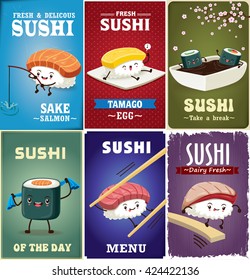 Vintage Sushi poster design with vector sushi character. 