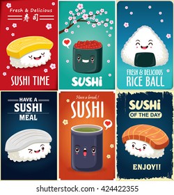 Vintage Sushi poster design with vector sushi character. Chinese word means sushi.