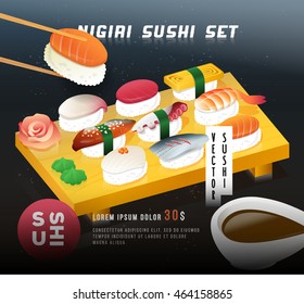 Vintage Sushi poster design. Vector illustration of a nigiri sushi set on the dish with ginger and wasabi. Japanese food. Menu cover background. Chopsticks and sushi, with soy sauce on the foreground.
