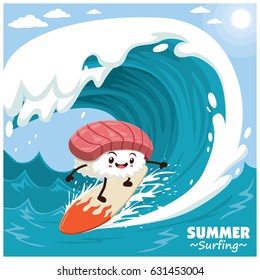 Vintage Sushi Poster Design With Vector Sushi Surfer.