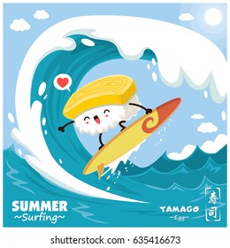 Vintage sushi poster design with vector sushi surfer. Tamago means filled with egg. Chinese word means sushi.