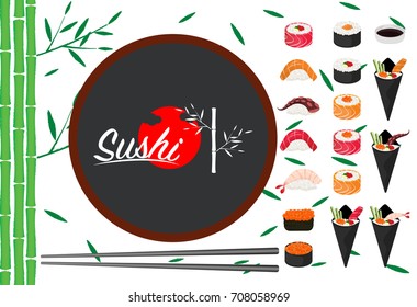 Vintage Sushi poster design with vector sushi character. Chinese word means sushi 
and There is a bamboo background.