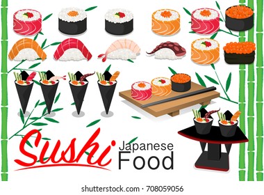 Vintage Sushi poster design with vector sushi character. Chinese word means sushi 
and There is a bamboo background.