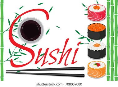 Vintage Sushi poster design with vector sushi character. Chinese word means sushi 
and There is a bamboo background.