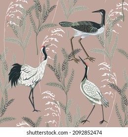 Vintage swamp crane bird, plants, herbs seamless pattern floral background. Exotic chinoiserie botanical wallpaper.