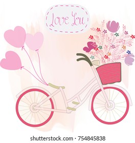 Vintage sweet bicycle with blue and pink wild flower and leaf pattern romantic botanical tropical woodland style invitation wedding or valentine card background illustration vector