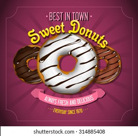 Vintage sweet chocolate donuts poster illustration. 