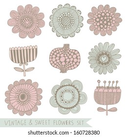 Vintage and sweet floral set in vector. 9 cute flowers in retro style