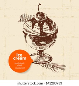 Vintage sweet ice cream background with color bubble. Hand drawn illustration