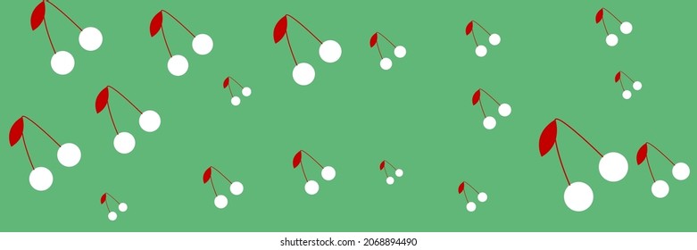 Vintage Sweet Negative White Spring Healthy Summer Pattern Pattern. Cherries Retro Cute Textile Vitamin Dessert Tasty Colorful Illustration. Green Repeat Red Bright Fruit Print Berries Background.