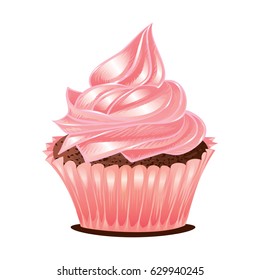 Vintage Sweet Pink Cupcake Butter Cream Delicious Pastry Dessert Isolated Vector