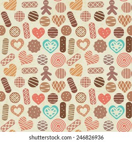 Vintage sweets and cookies seamless pattern background