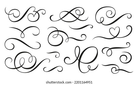 Vintage swirl ornament. Filigree calligraphic ornamental curls. Linear flourish separator set. Decorative retro elements for royal menu certificate diploma, wedding invatation card, text divider