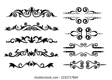 Vintage swirl ornament line flourish set. Filigree calligraphic ornamental curls  Decorative retro design vector illustration