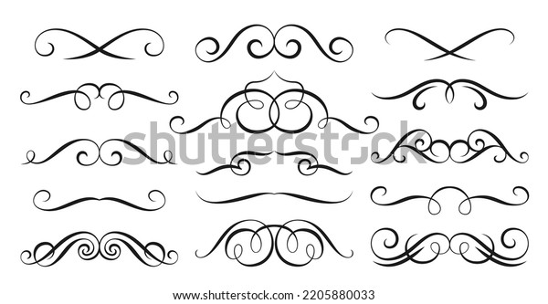 Vintage swirl ornament line flourish set.
Filigree calligraphic ornamental curls. Decorative retro design
element for menu, wedding invatation card, label prise tag. Text
divider, certificate
diploma