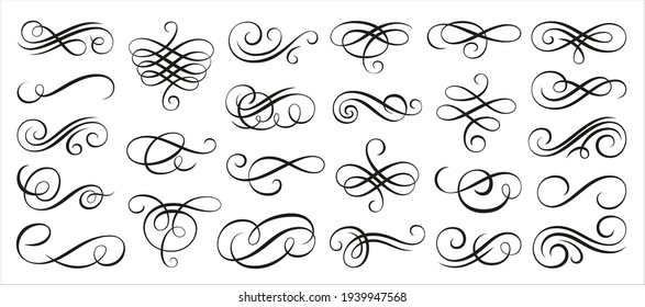 Vintage swirl ornament, line style flourishes set. Filigree calligraphic ornamental curls. Decorative retro design elements for menu, certificate diploma, wedding invatation card, outline text divider