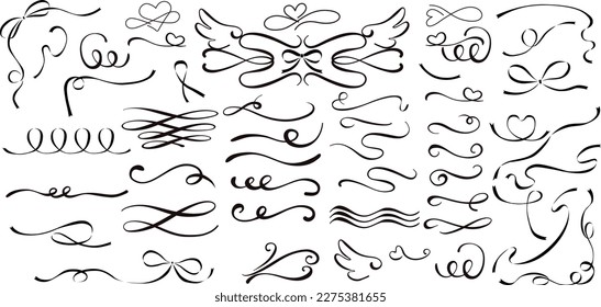 Vintage swirl ornament, line style flourishes set. Filigree calligraphic ornamental curls. Collection of squiggly lines isolated on white background vector illustration.