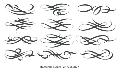 Vintage swirl ornament linear flourishes set. Filigree calligraphic ornamental decorative element collection isolated illustration