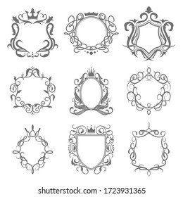 Vintage swirled frames set. Ornamental emblems, royal luxury borders with crowns, traditional monograms. Can be used for alcohol, hotel, jewelry logotypes design
