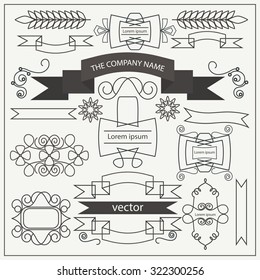 Vintage swirls ornaments decorations design elements. Ribbons, emblems. Combinations retro design for Invitations, posters, badges, logotypes and other design. Isolated vector illustration