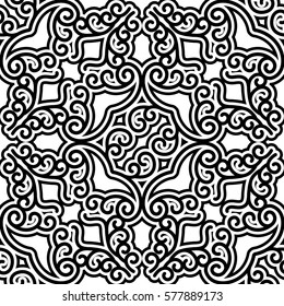 Vintage swirly ornament, black and white vector seamless pattern