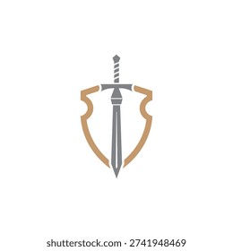 vintage sword and shield logo design vector with flat style in brown and gray color