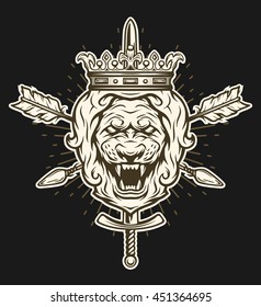 Vintage symbol of a lion's head, a crown, sword and crossed arrows. Emblem, t-shirt graphic. For a dark background.