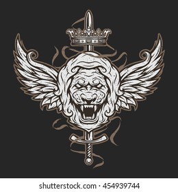 Vintage symbol of a lion's head, a crown, sword and wings. Emblem, t-shirt graphic. For a dark background.
