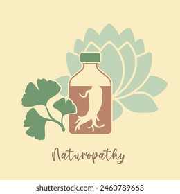 A vintage symbol of traditional medicine. Lotus, ginseng tincture, ginkgo leaves. Vector illustration