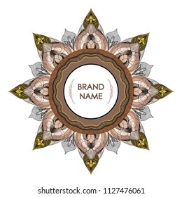 Vintage symmetrical decorative frame for text. Floral filigree detailing elegant style of drawing - empty space for brand name. Printing on envelopes, premium invitation, glasses, business card, stamp