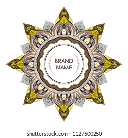 Vintage symmetrical decorative frame for text. Floral filigree detailing elegant style of drawing - empty space for brand name. Printing on envelopes, premium invitation, glasses, business card, stamp