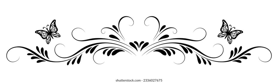 Vintage symmetrical floral ornament with butterflies for greeting card isolated on white